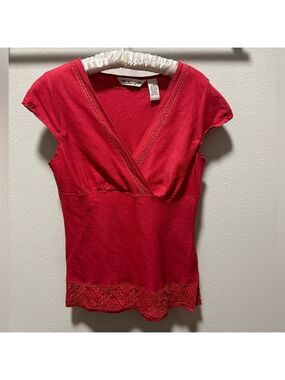 Stephanie Rogers Sz L Cap Sleeve Deep V Neck Cross Wrap Top Decorative Stitching